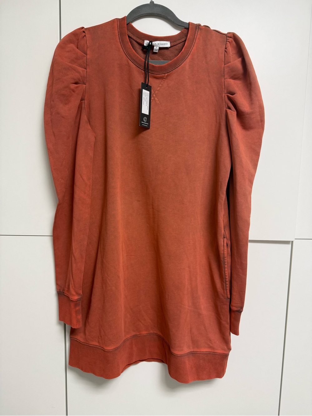 Rebecca Minkoff size S Rust Puff-Sleeve Crewneck Sweatshirt Dress - Unbranded